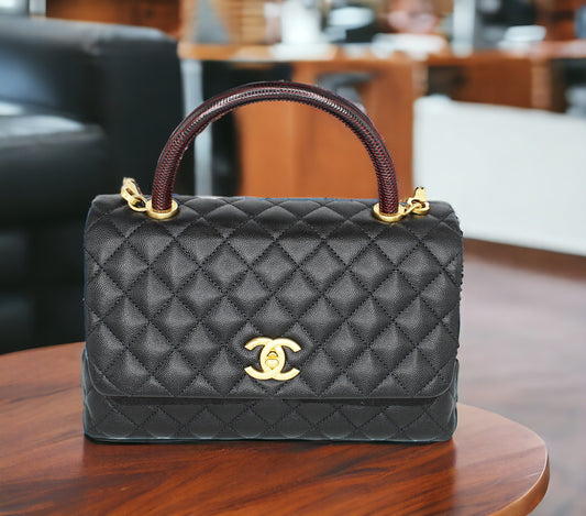 Chanel Coco Top Handle Bag Black Lizard Caviar Python Handle