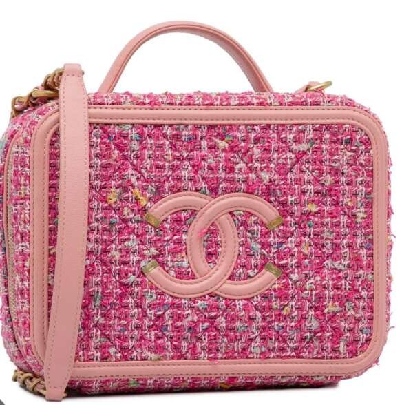 Bolso CHANEL VANITY rosa en tweed con cadena cruzada