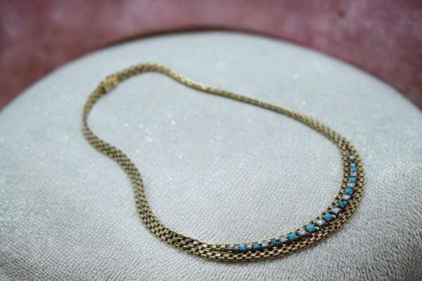Collar de oro 18 k con diamantes y turquesas