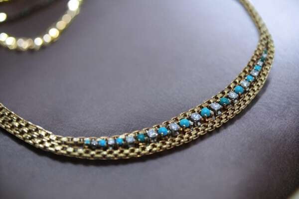 Collar de oro 18 k con diamantes y turquesas