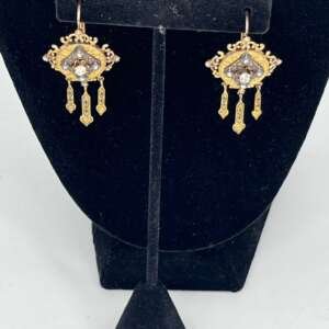 Pendientes antiguos oro 18k y plata con diamantes rosas 11,37gr