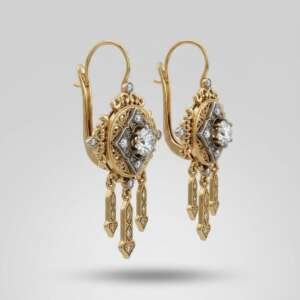 Pendientes antiguos de oro de 18k y plata con diamantes rosas – 11,37gr