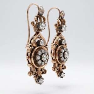 Pendientes antiguos de oro de 18k y plata con diamantes rosas – 7,71gr