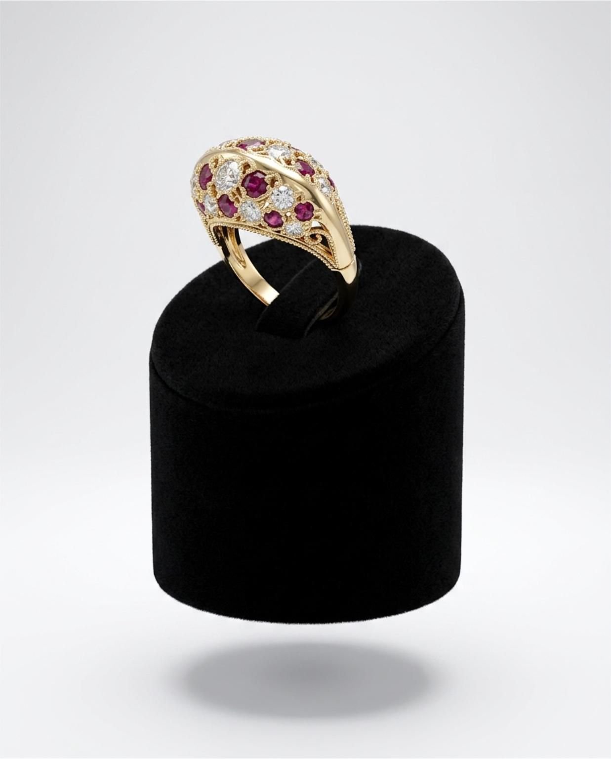 Añillo de oro de 18k con diamantes y rubís