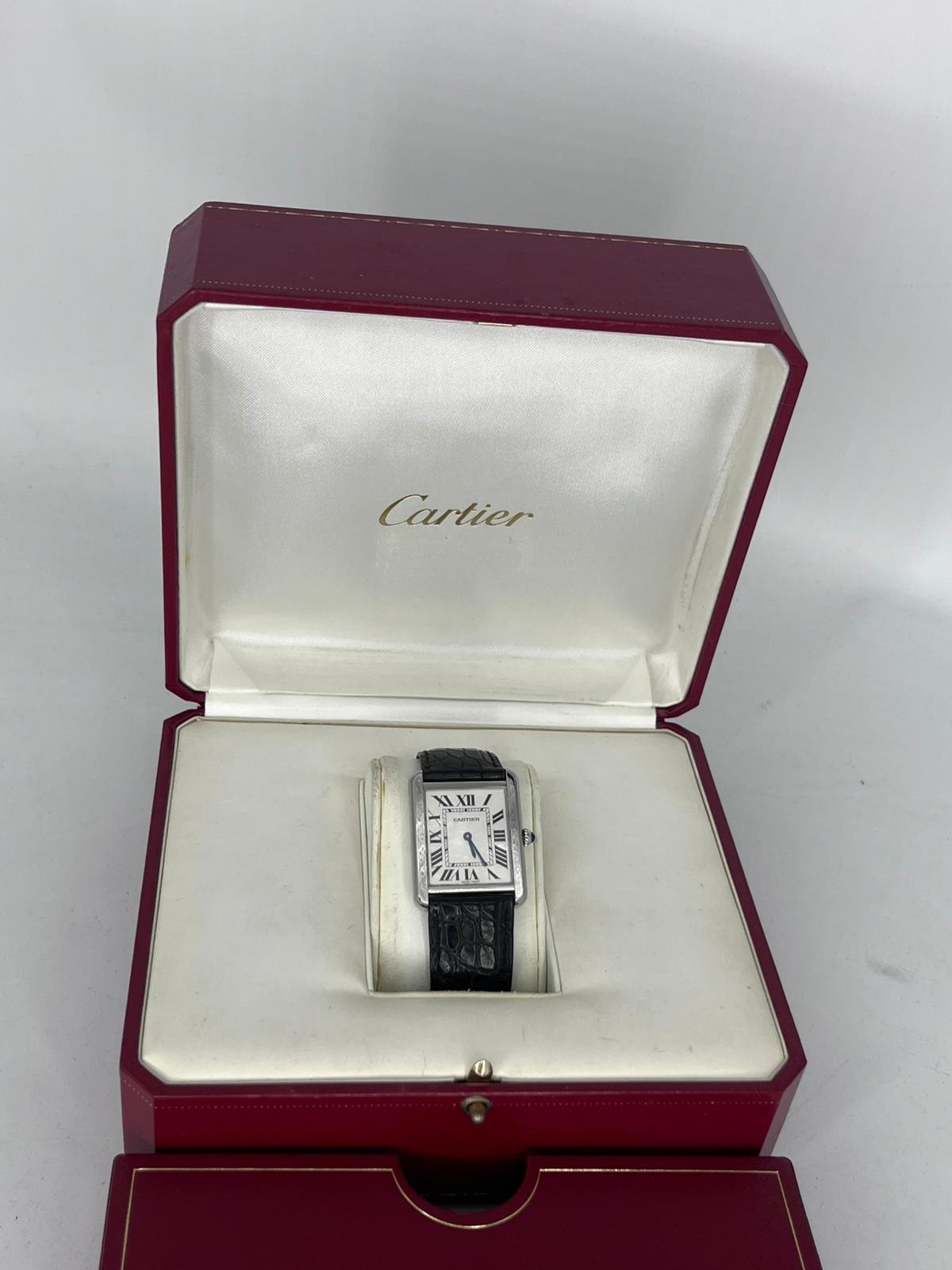 Reloj Cartier Tank Solo GM de acero con correa de cuero negra y caja original