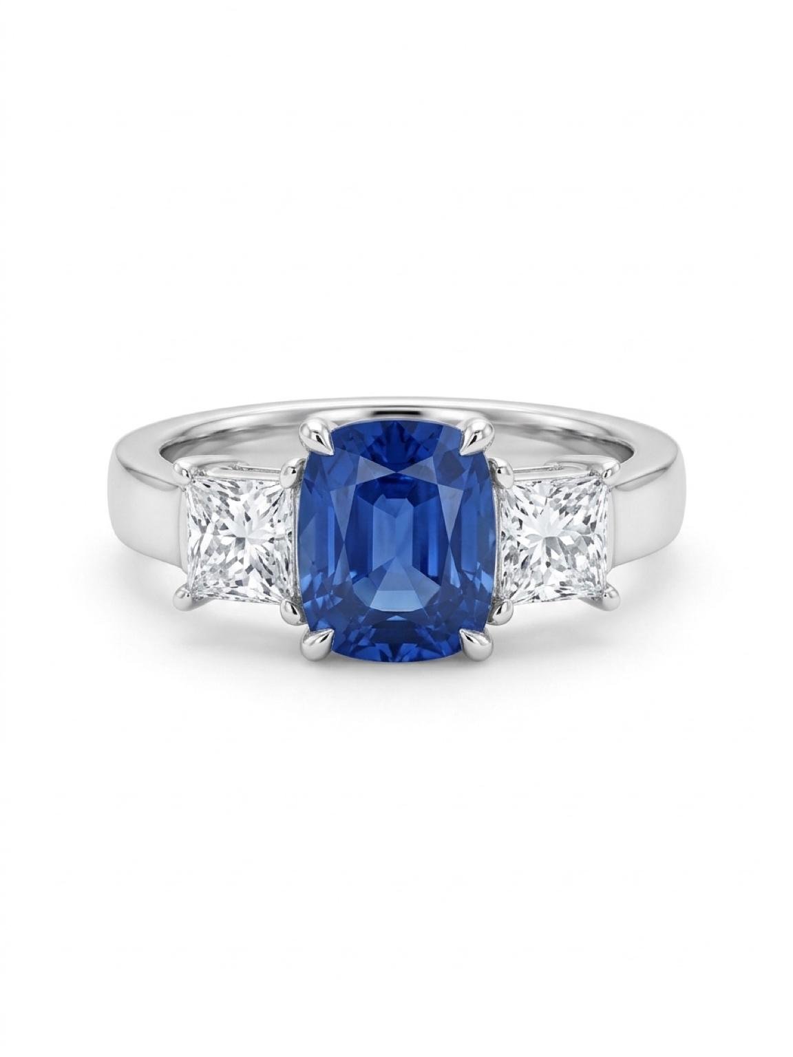 Anillo de platino con zafiro central de 2.90Cts y dos diamantes princesa de 0.50Cts cada uno