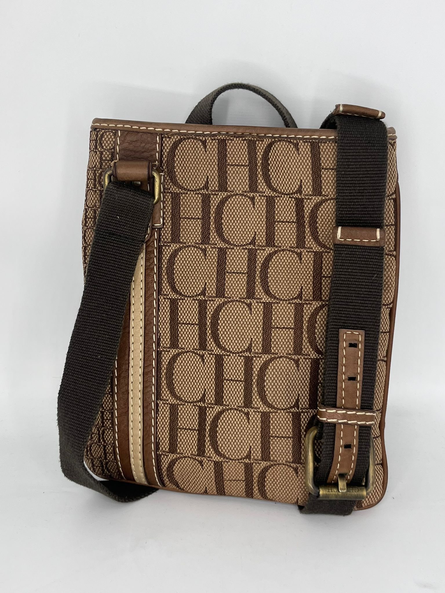 Bolso bandolera Carolina Herrera Monograma CH en lona marrón y beige