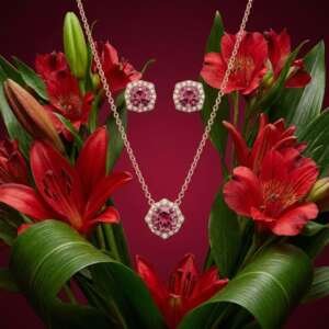 Conjunto SUÁREZ de collar y pendientes en oro rosa de 18k con diamantes y piedras preciosas