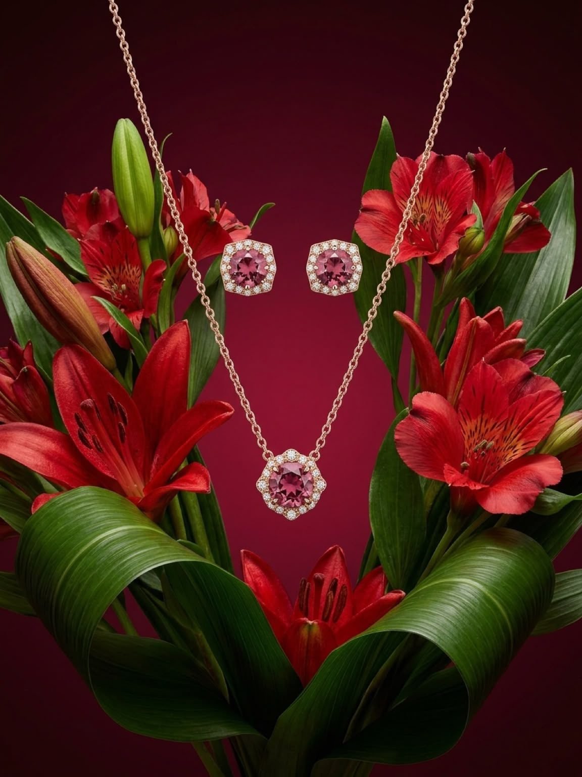Conjunto SUÁREZ de collar y pendientes en oro rosa de 18k con diamantes y piedras preciosas