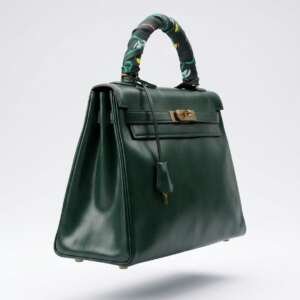 Hermès Kelly 32 cuero verde oscuro vintage lazo seda