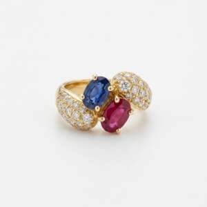 Anillo Toi et Moi oro 18k diamantes zafiro rub&iacute;